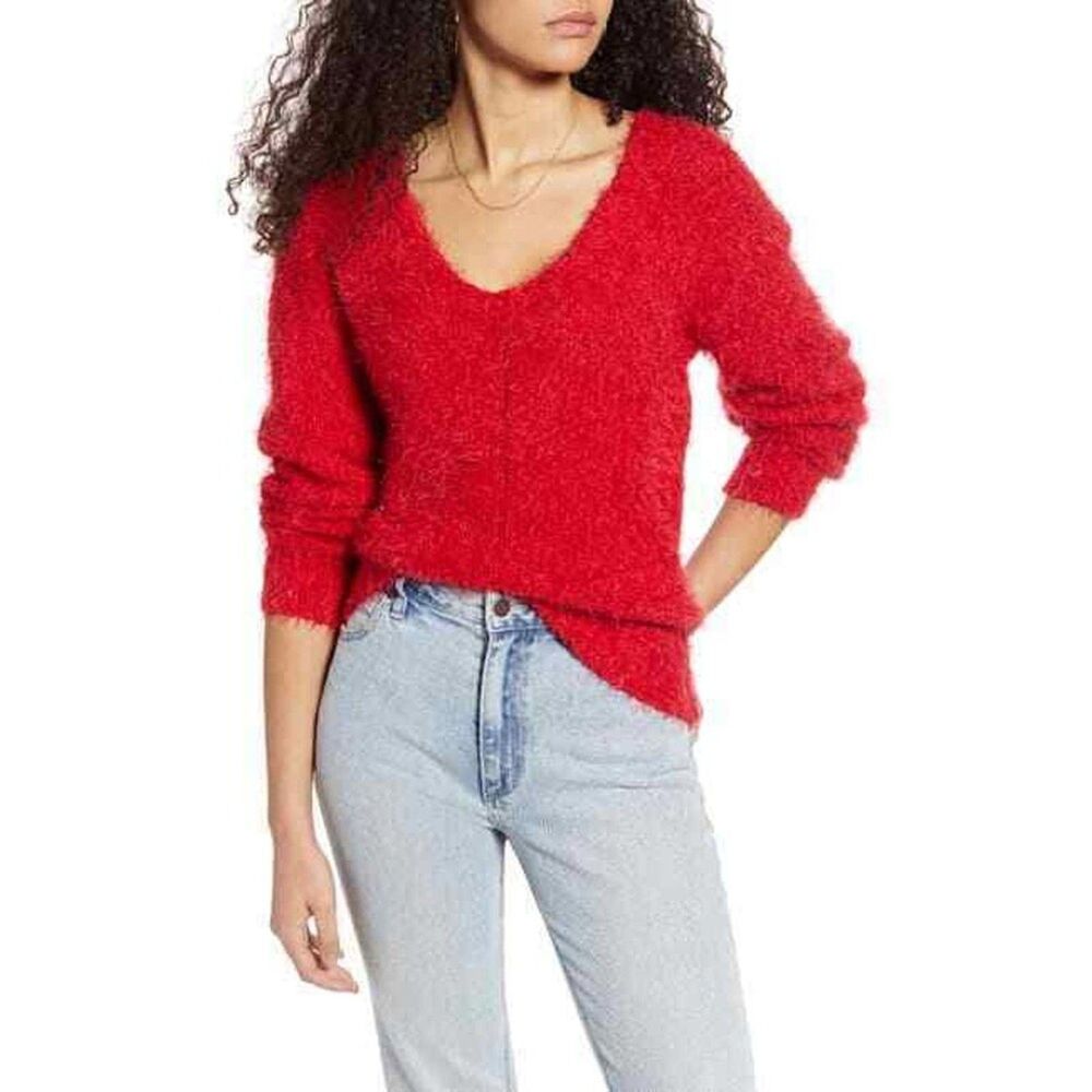 BP Sweater Eyelash Chenille Red Womens XXS V Neck Long Sleeve Wispy yarns Soft